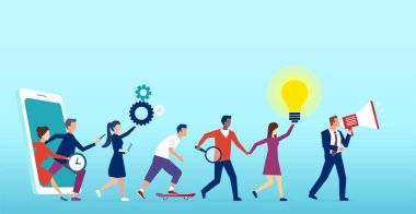 Akıllı telefondan, sosyal medya platformundan çıkan bir grup müşterinin vektörü 