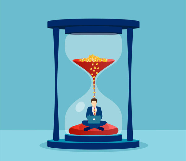 Вектор человека в костюме, сидящего в песочных часах и работающего над ноутбуком. Концепция управления производительностью и временем
.