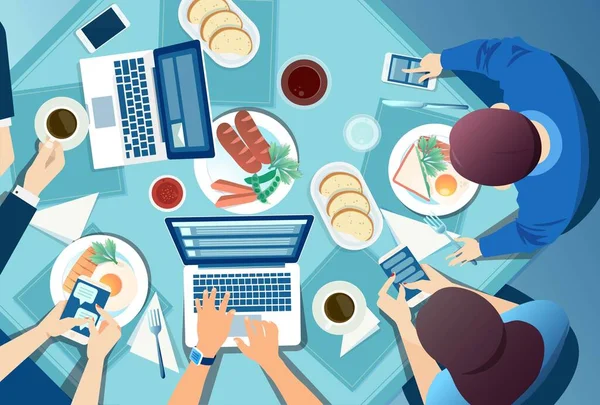 Vector of a group of people a family sitting at table using their smart phones, and mobile gadgets chatting and texting nessages obsessed with social media ignoring each other