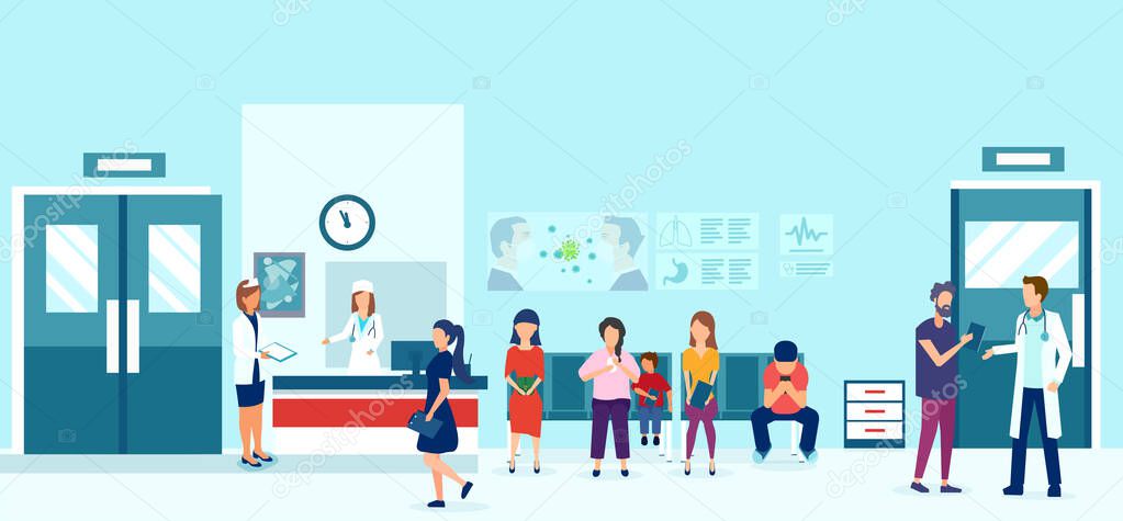 Vector of people sitting on chairs and waiting for doctor appointment in outpatient clinic. 