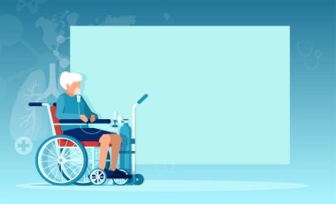 Kronik obstrüktif akciğer hastalığı olan yaşlı bir kadının vektörü tekerlekli sandalyede oturmuş oksijen tedavisi görüyor. 