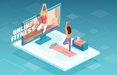Çevrimiçi fitness ve eğitim konsepti. Formda bir kadının, TV ekranında beden eğitimi hocasıyla birlikte yoga yapması.. 