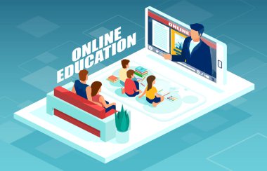 Yeni bir sınıf konusunu açıklayan akıllı telefon uygulaması üzerinden öğretmenini internetten izleyen çocuklarla evde kalan bir ailenin vektörü 
