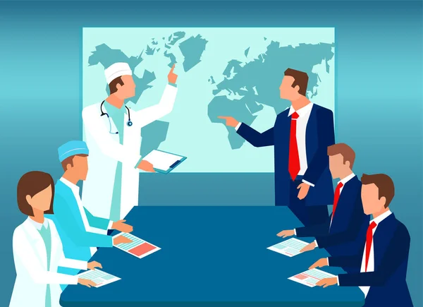 世界地図上のビジネス関係者や政治家との会合を持つ医師のベクトル背景 — ストックベクタ