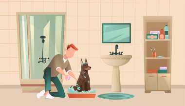 Köpeğini yıkayan bir adamın vektörü.. 