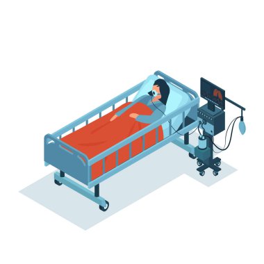 Solunum cihazında hayati tehlikesi olan kadın bir hastanın oksijen tedavisi gören Isometric vektörü. 