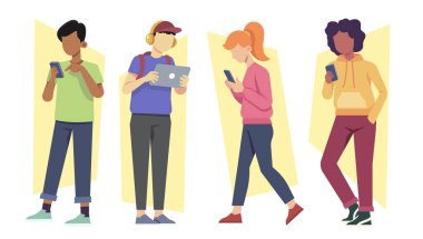 Cep telefonları ve aygıtlarda mesajlaşan bir grup gencin vektörü 