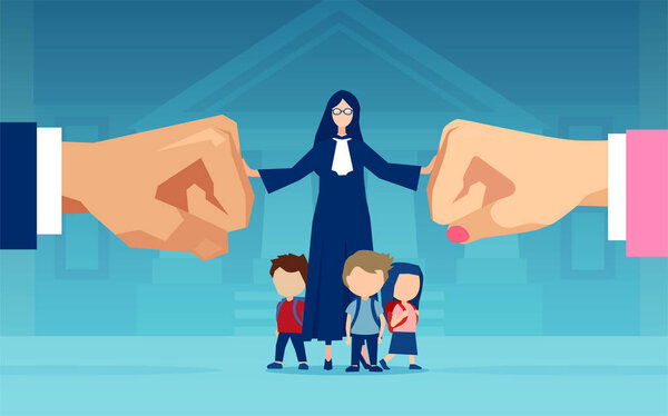 Vector of little children and a judge caught between divorcing parents who are fighting over custody