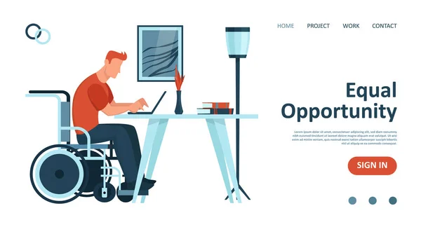 Wektor Niepełnosprawnego Siedzącego Wózku Inwalidzkim Pracującego Laptopie Domu Koncepcja Osób — Wektor stockowy