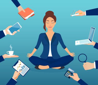 Yoğun bir ofis hayatının stresinden kurtulmak için meditasyon yapan bir iş kadınının vektörü.