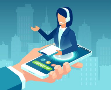 Kadın çağrı merkezi temsilcisinin müşteri desteği sunduğu akıllı telefon taşıyan bir işadamının vektörü