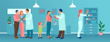 Modern bir ayakta tedavi kliniğindeki hastalara danışmanlık yapan tıp doktorlarının vektörü