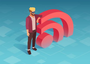 3D rss sembolünün yanında duran hippi bir adamın vektörü.