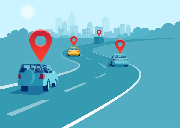 Διάνυσμα Αυτοκινήτων Και Φορτηγών Που Οδηγούν Αυτοκινητόδρομο Πινακίδες Γεωγραφικής Θέσης — Διανυσματικό Αρχείο