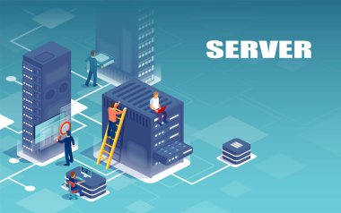 Isometric vector of network of servers and technical support personnel   clipart