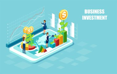 Birlikte çalışan ve dünya çapında başarılı bir iş kuran iş kadınlarının vektörü, dijital tablette filizlenen bitkiler.