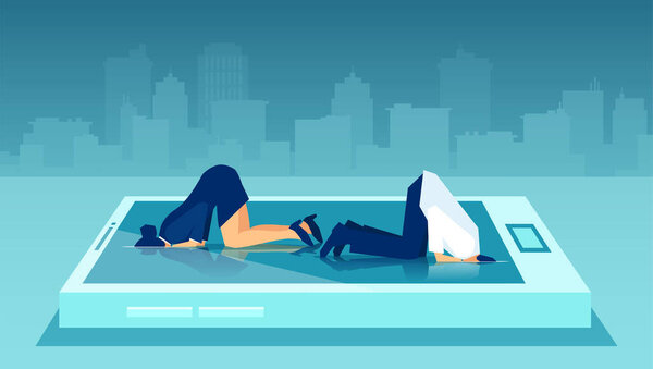 Вектор бизнесмена и женщины, прячущих головы в смартфоне, спасающихся от таких проблем, как страус
 