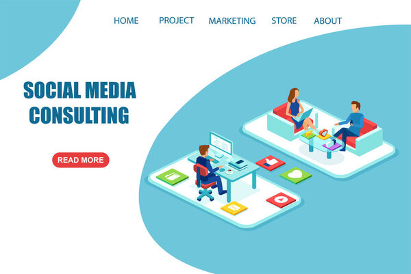 Concept of social media consulting and marketing concept. Vector of consultants helping a client in promotion of a product or service on social networks.