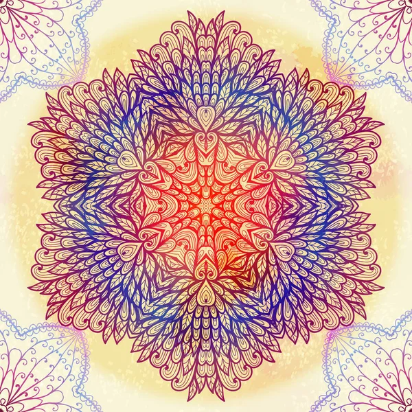 Dibujado a mano étnica circular azul y rosa adorno garabato floral — Vector de stock