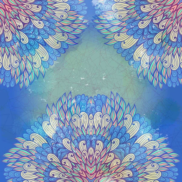 Ornement grunge bleu floral ethnique dessiné à la main et rose — Image vectorielle