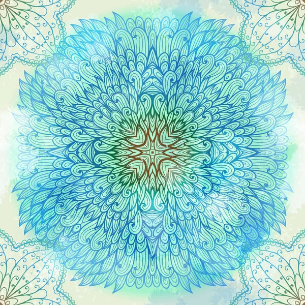 Dibujado a mano étnica circular azul invierno adorno de garabato floral — Vector de stock