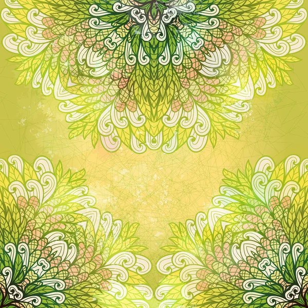 Dessiné à la main ethnique floral vert et jaune motif ornemental grunge — Image vectorielle