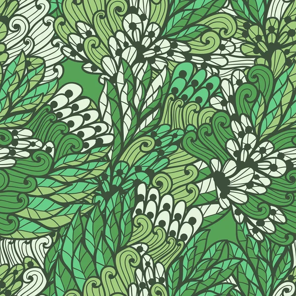 シームレスな花緑とベージュの夏落書きパターン — ストックベクタ
