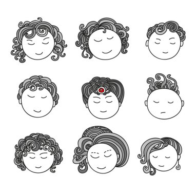 Dokuz farklı şirin elle çizilmiş yüzler kümesi.