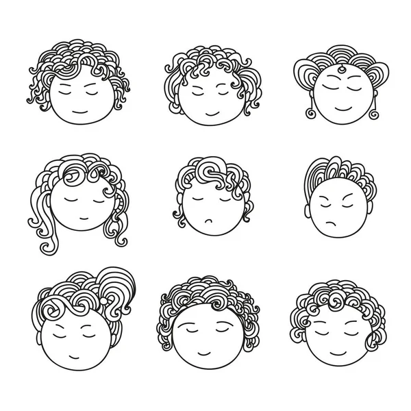 Conjunto de nueve diferentes caras dibujadas a mano lindo . — Vector de stock