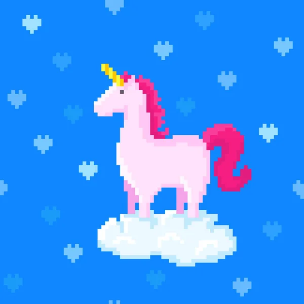 Cute Pink Unicorn Stands Cloud Surrounded Hearts Pixel Art Vector — Stock Vector