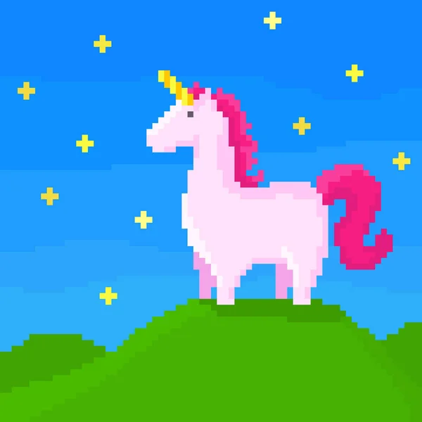 Cute Unicorn Stands Hill Starry Night Pixel Art Vector Illustration — Stock Vector