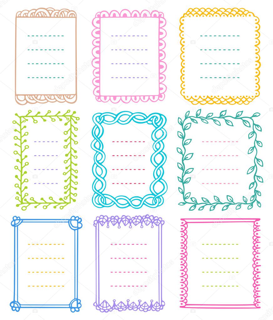Bullet journal hand drawn vector frames for notebook, diary, and planner. Set of doodle colored borders isolated on white background. 