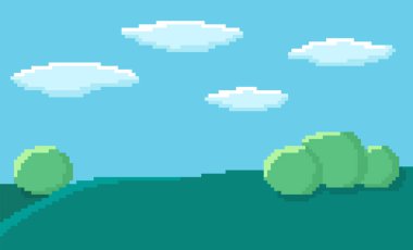 Mavi gökyüzü ve bulutlu pikselli sanat oyunu arka planı, çalılı yeşil tepeler. 8- bit düz vektör illüstrasyonu. 