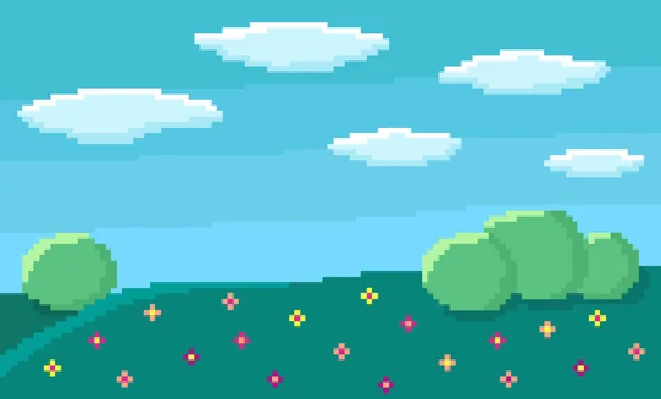 Pixel art game background with blue sky and clouds, green hills with bushes and flowers. 8-bit flat vector illustration.