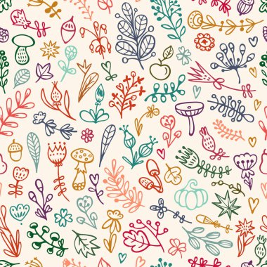 Çiçekler, dallar, yapraklar, bitkiler ve bitkilerle kusursuz bir çiçek deseni. El çizimi vektör çizimi.