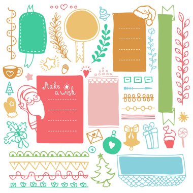  Beyaz arkaplanda karalama çerçeveleri, afişler, çiçek ve Noel elementleri izole edilmiş..