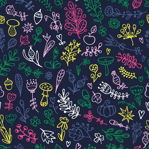 Seamless floral pattern with doodles flowers, branches, leaves, herbs, and plants. Hand-drawn vector Illustration. — Stock Vector