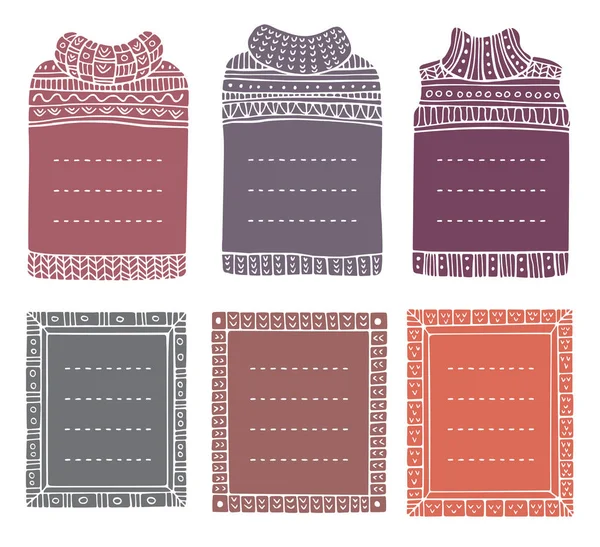 Handritade vinterstickade bågar i form av tröjor och rektangulära. — Stock vektor