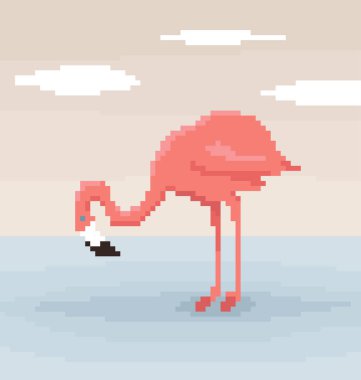 Pixel art flamingo is standing in the water.  clipart