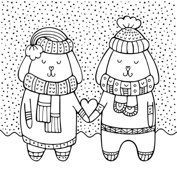 A couple of rabbits in love with heart in their paws and snow on the background. — ストックベクタ