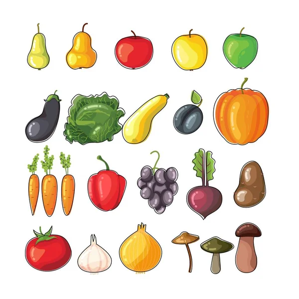 Set van lichte platte vector groenten en fruit. Verse gezonde natuurvoeding. — Stockvector