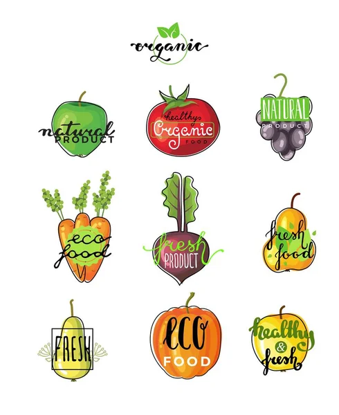 手刻字徽标的素食生态新鲜的食物。手绘制的字体. — 图库矢量图片