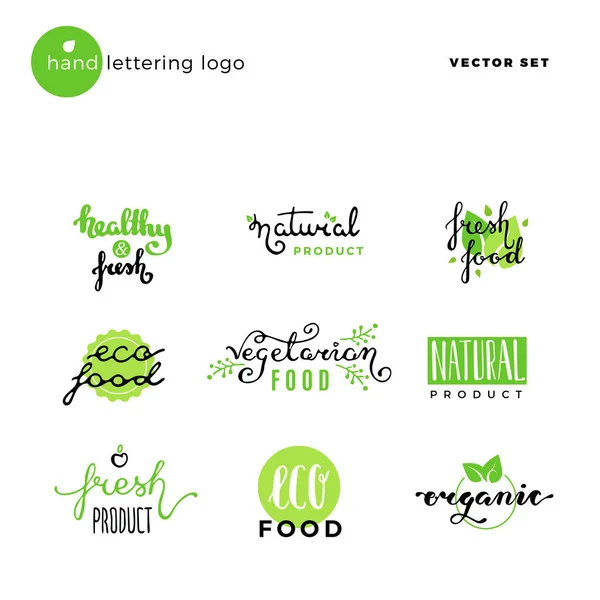 Yazı vektör logo vejetaryen ekoloji taze gıda el. — Stok Vektör