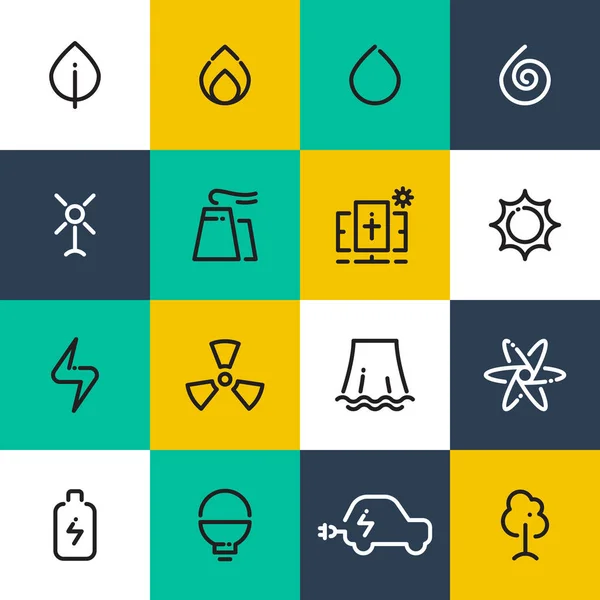 Conjunto vectorial de iconos de línea de energía alternativa. Eólica, solar, acuática y bioenergética — Archivo Imágenes Vectoriales