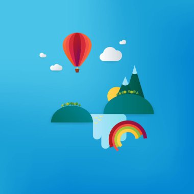 Minimalist seyahat tatil yatay balon, şelale ve dağlar. Malzeme tasarımı