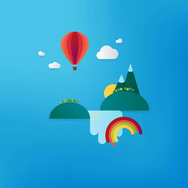 简约旅行度假景观与气球、 瀑布和山。材料设计 — 图库矢量图片