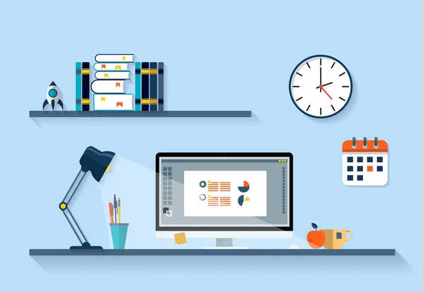 Ilustração vetorial de design plano do interior de escritório moderno com desktop designer mostrando aplicativo de design com ícones de interface e elementos em estilo minimalista e cor . — Vetor de Stock