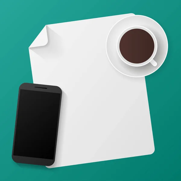 Pohled shora telefonu, šálek s kávou a prázdného papíru. Materiálové provedení. Ráno snídaně — Stockový vektor