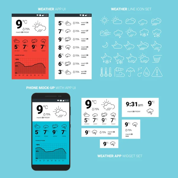 Interface de usuário do aplicativo meteorológico com conjunto de ícones de linha e widgets definidos —  Vetores de Stock