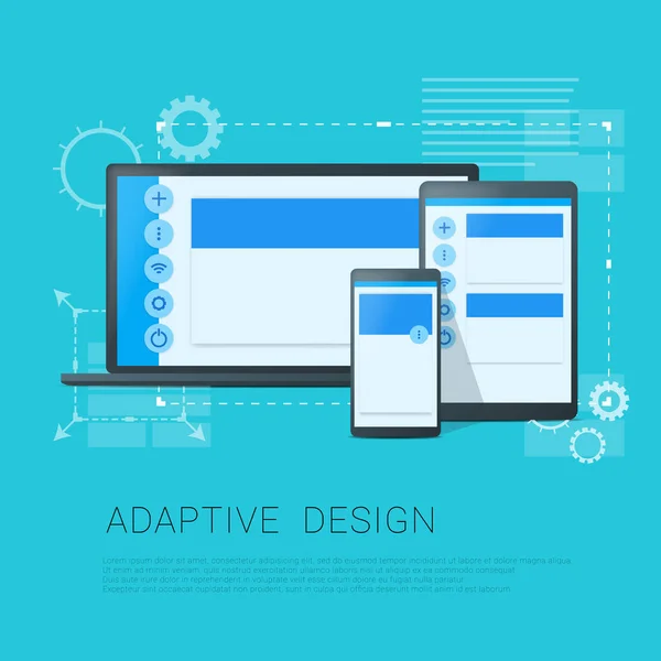 Adaptiv designkoncept. Responsiv design av telefon, surfplatta och bärbar dator. Materialdesign — Stock vektor
